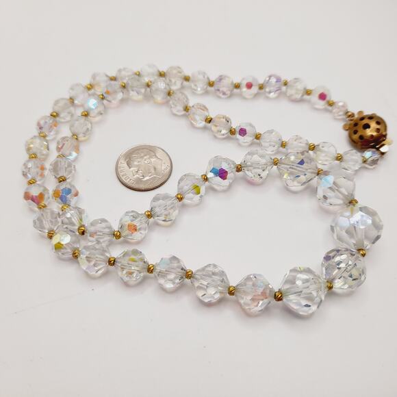 Vintage Aurora Borealis Crystal Necklace 20" Graduated Beads Gold Spacers - Picture 10 of 10